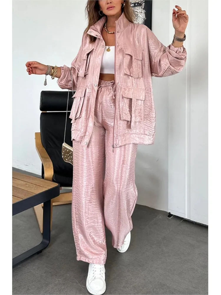 

Women Casual Pockets Loose Sport Outfits Fashion Stand Collar Coats Long Pants Suits Elegant Long Sleeve Solid Color 2Pc Sets