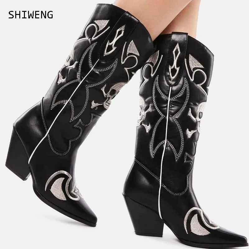 Western Cowboy Boots For Women 2025 Vintage Shoes Cowgirls Retro Street Dress Boots Pointed Toe Knee High Boots 44