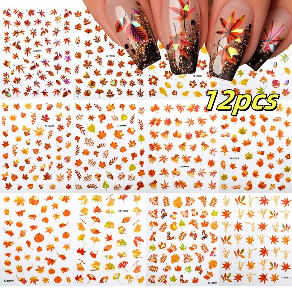 12Pcs Autumn Maple Leaf Nail Art Stickers Fall Pumpkin Squirrel Nail Decals DIY Manicure Thanksgiving Festival Salon Home Decor*
