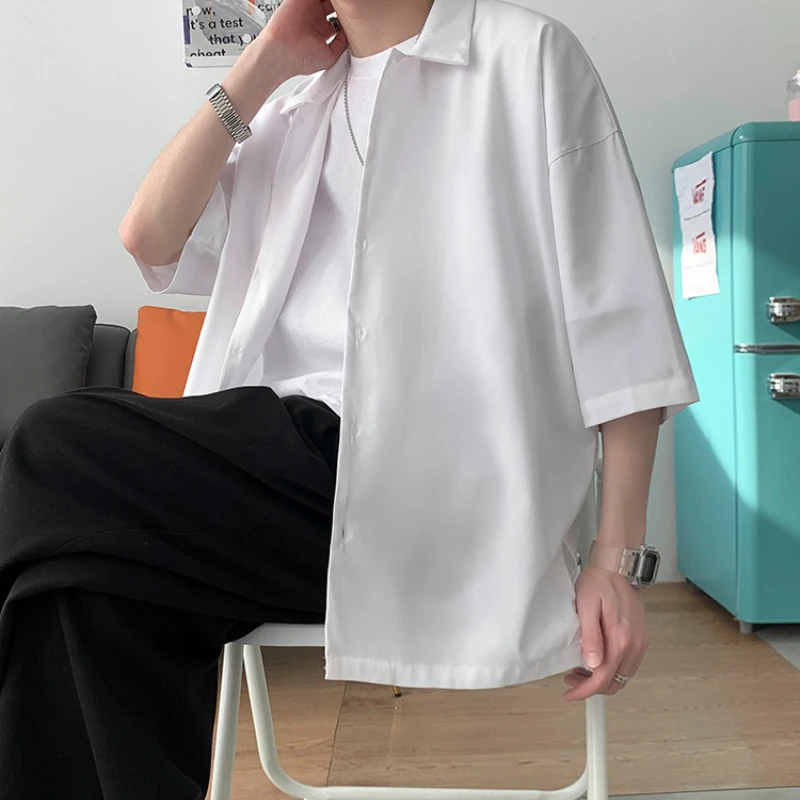 Half Sleeve Shirts Men Clothing All-match Ulzzang Fashion Students Handsome Summer Thin Casual Simply Baggy Hemden Pure Color