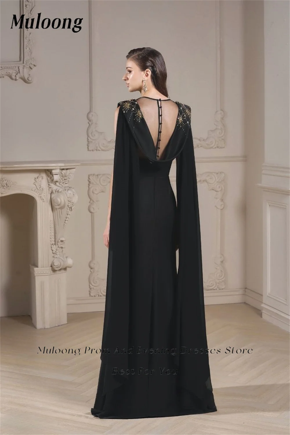 Muloong Black O Neck Maxi Dress with Cape Sleevs Floor Length Illusion Mermaid Crystal Saudi Aribia Women Party Dress