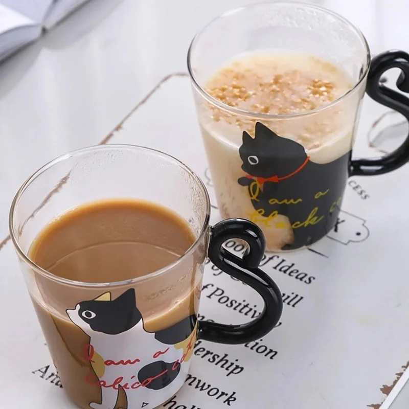 Glass Water Cup Cat Tail Handle Mug Milk Tea Coffee Fruit Juice Mug Drinkware