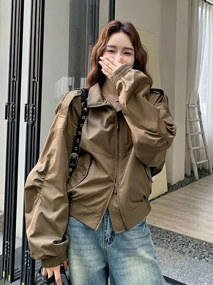 Streetwear Moto Cargo Jacket Women Vintage American Harajuku Long Sleeve Spring Coat Casual Stand Collar Retro Biker Bf Outwear