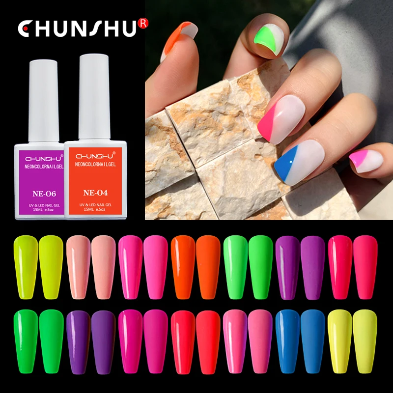 CHUNSHU Gel cat kuku Neon, larutan Gel Led UV bercahaya 15ml manikur DIY untuk desain kuku Semi permanen seni kuku