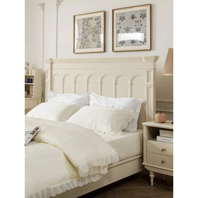 French cream style solid wood bed, simple white American master bedroom furniture, log high box storage, 2m double bed