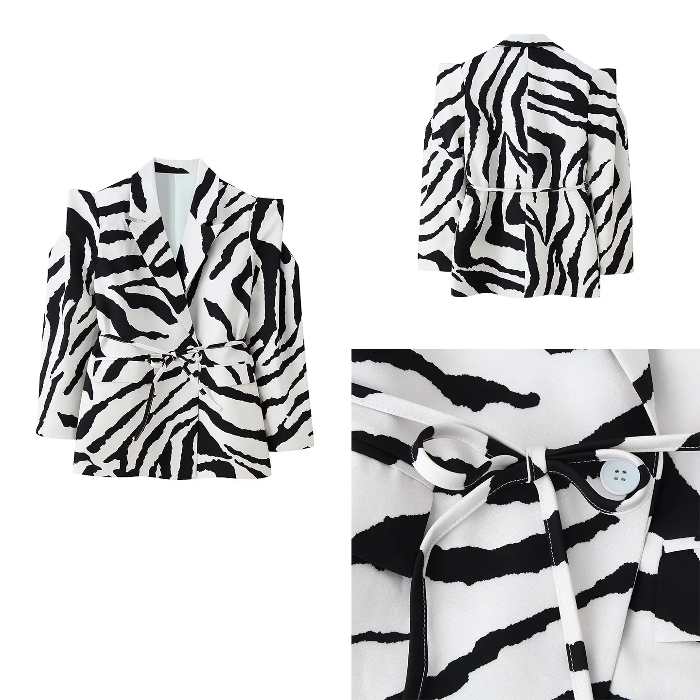 

Women's 2026 New Summer Fashionable Zebra Stripe Belted Wide Shoulder Suit Jacket Versatile Long Sleeve Business Casual Coat