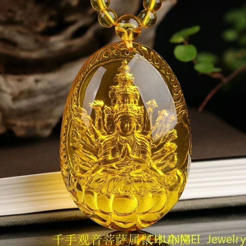 Golden Amber Eight Patrons Thousand Handed Buddhist Bodhisattva Zodiac Mouse Life Buddha Pendant Sweater Necklace Amber Pendant