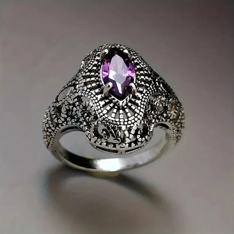 

Huajie Vintage Hollow Purple Cubic Zirconia Rings for Women Elegant Banquet Party Female Ring Jewelry Fashion