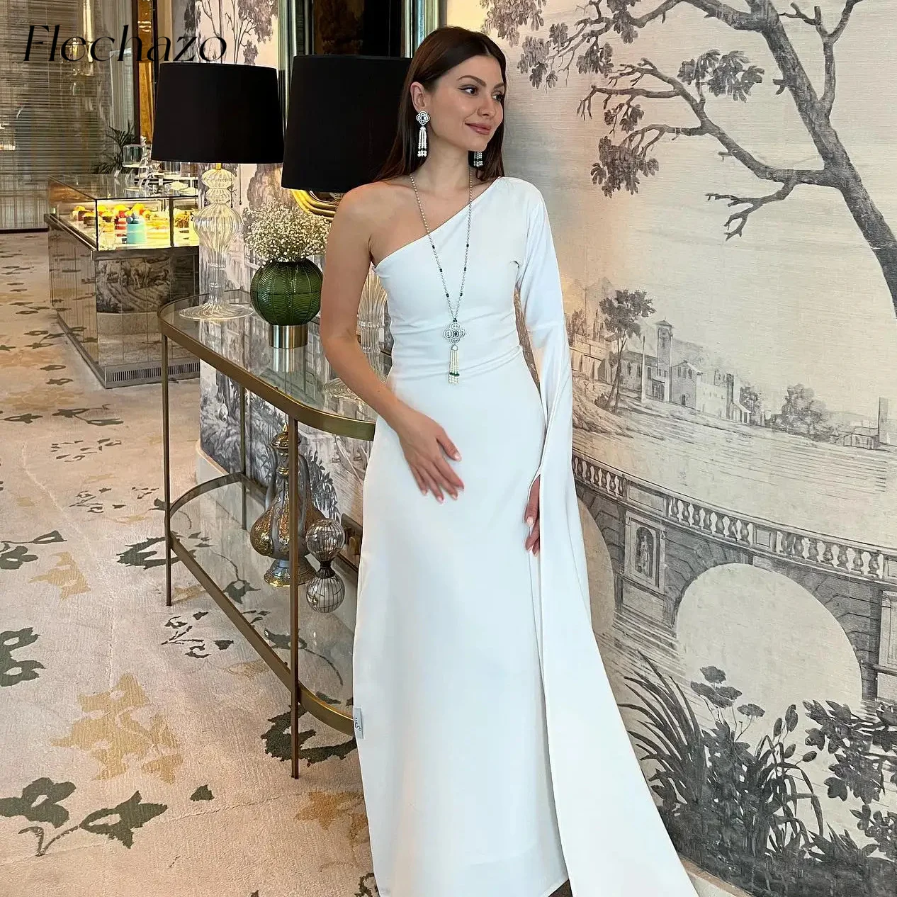 

Flechazo White Evening Dresses One Shoulder Long Sleeve Floor-Length Simple Elegant Party Dress For Women 2024 فساتين السهرة