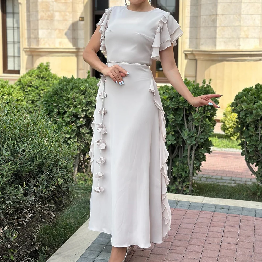 

Customized A-line Evening Dresses Ankle-length O-neck Short Sleeve Prom Gown Simple Fashion Flowers Draped Casual Party Gown