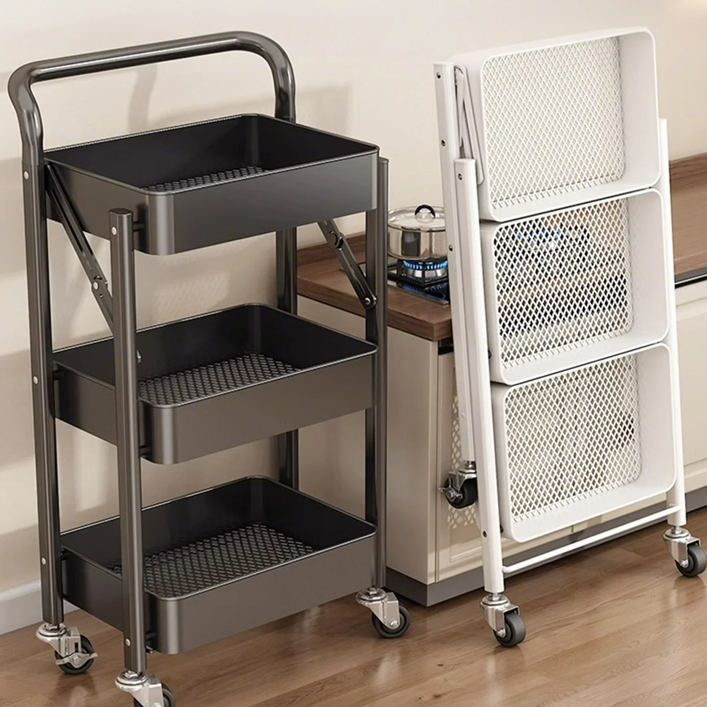 Foldable Storage Rack, No Installation Required, Mobile Trolley, Living Room Snack Storage Rack, Floor-Standing Multi-Layer