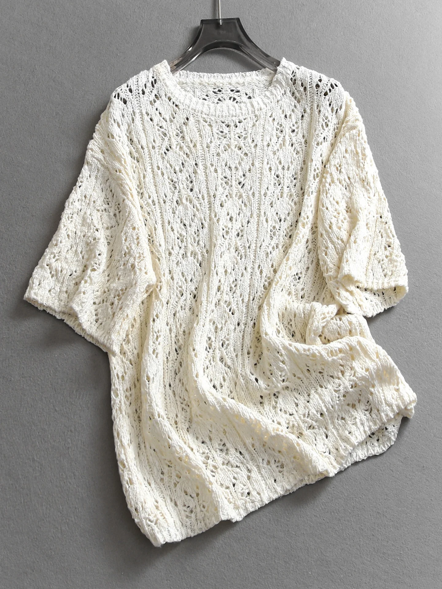 

Loose Thin Mid-Sleeve round Neck Knitted Sweater Women's Fashionable Versatile Pure Color Hollow out Casual Style Polyester C...