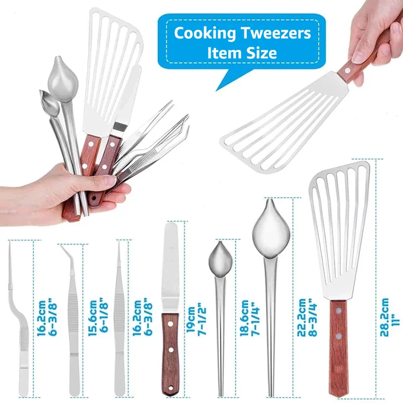 7Pcs Stainless Steel Cooking Tweezers Precision Tongs with Serrated Tips, Fish Spatula, Drawing Spoons for Plates Decorating