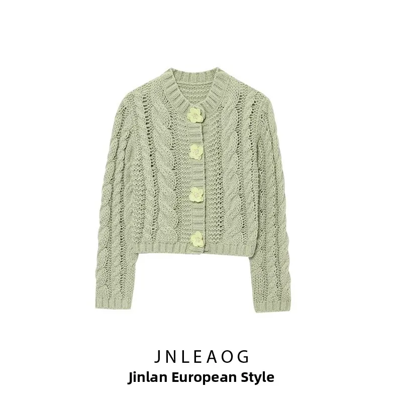 

JNLEAOG Spring New Women's Faion Design Knitted Jaet Flower Button Decorated Long Sve Polyester Fiber Open Cardigan