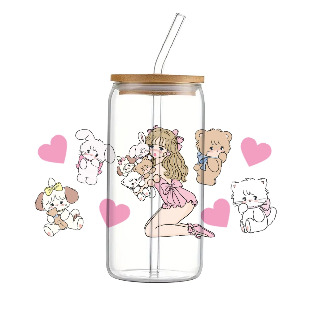 Japanese series cartoon Pink cute For Libbey 16oz Can Glass 3D Waterproof UV DTF Coffee Can Wrap Libbey Glass Wrap