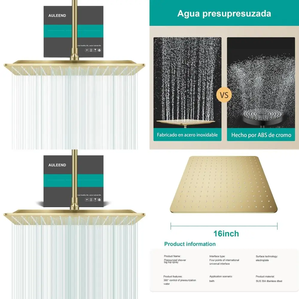 

Stainless Steel Square Rain Shower Head with High Flow, Compatible with All Decor Styles, Brushed Gold Finish, 16-inch