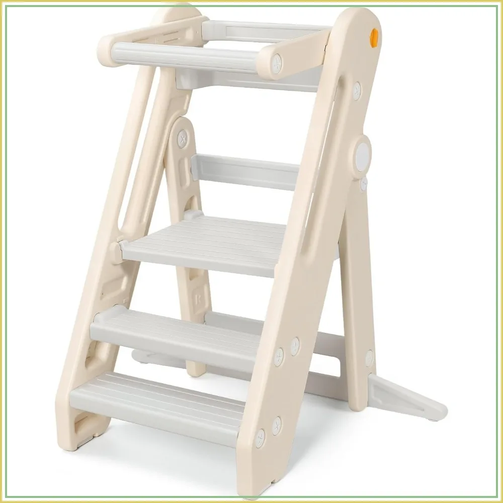 Foldable Adjustable Height Toddler Kitchen Stool Helper with Handles Safety Rail Non-Slip Pads Grey
