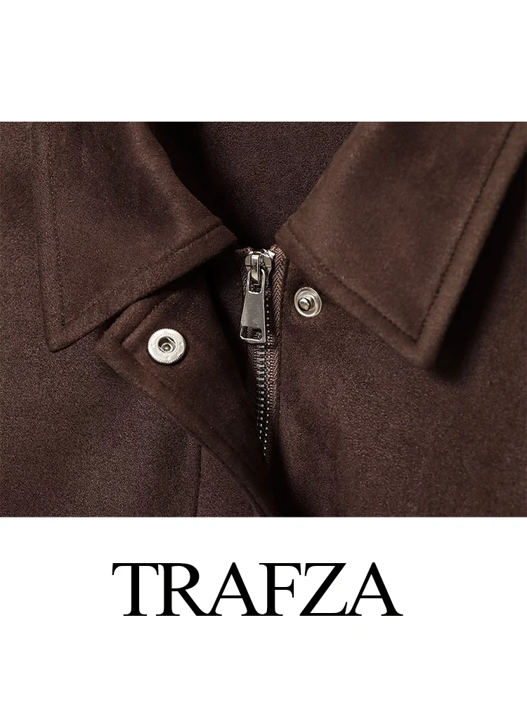

TRAFZA Women Autumn Fashion Vintage Solid Suede Blend Textured Long Sleeves Pockets Jacket Female High Street Zipper Coats Mujer
