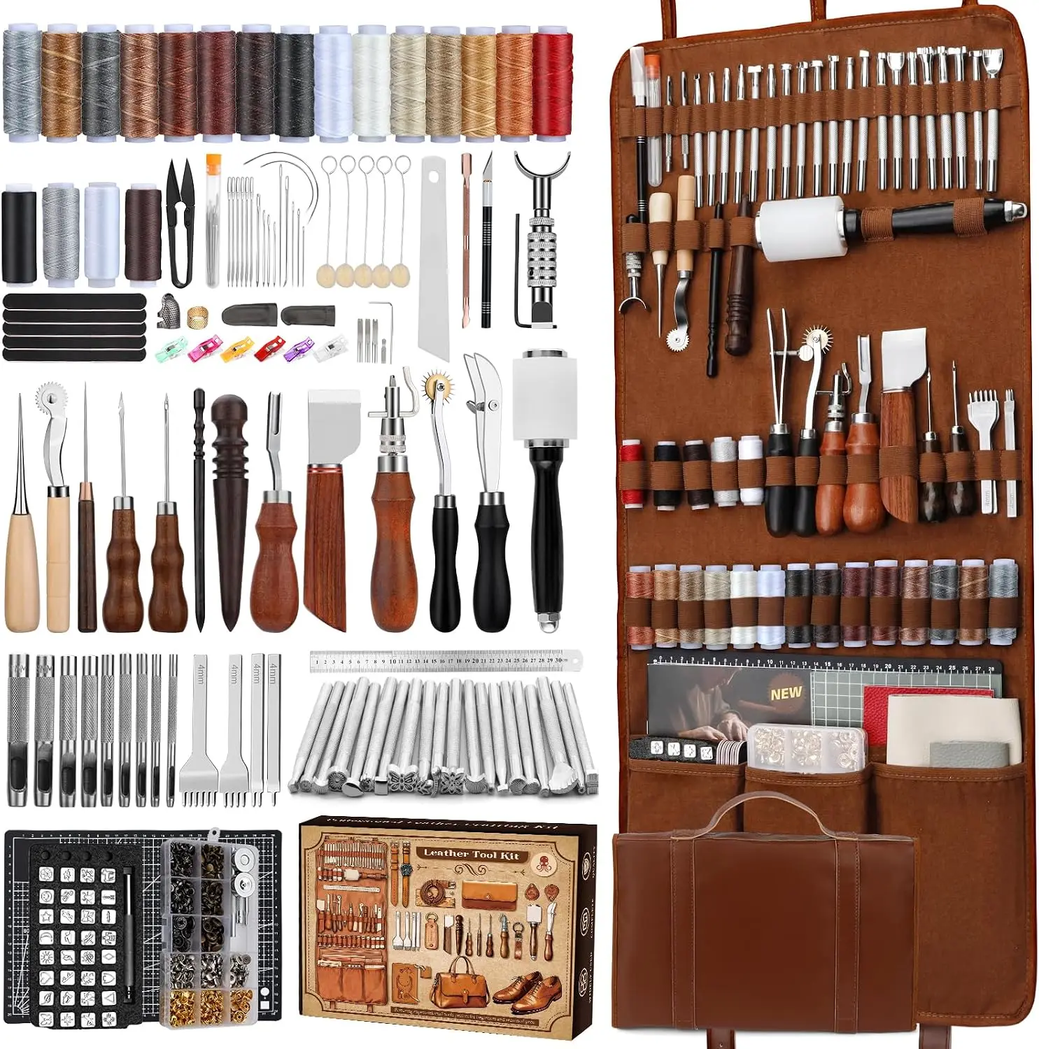 Leather Working Kit, Leather Working Tools and Crafting Kit with Custom Storage Bag, Engraving, Cutting, Sewing, Stamping, Sanding Supplies for DIY Handicraft Making and Repair