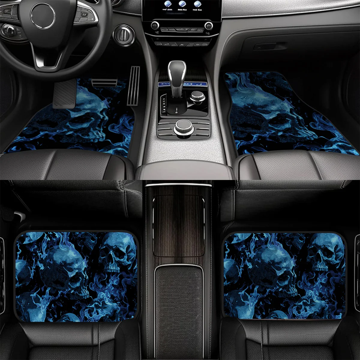 4pcs, Non-Slip Polyester Car Mats, Halloween Theme, Blue Flame Skull Design, Suitable for Sedans and SUVs, Interior