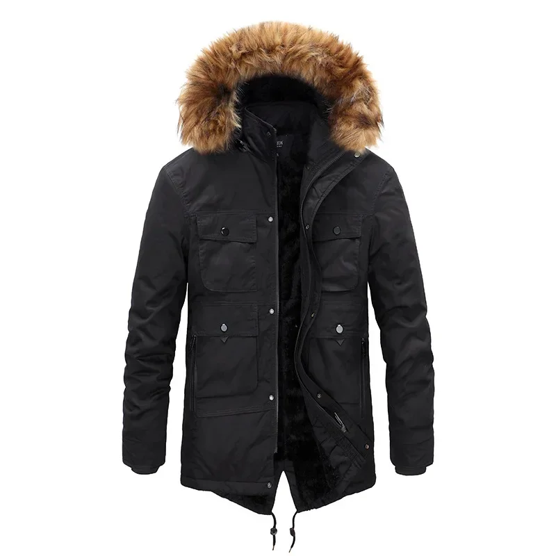 Pop Men's Winter New Fashion Plus Fleece Hooded Fur Collar Cotton-padded Jacket, Medium And Long Thick Warm Cotton-padded Jacket