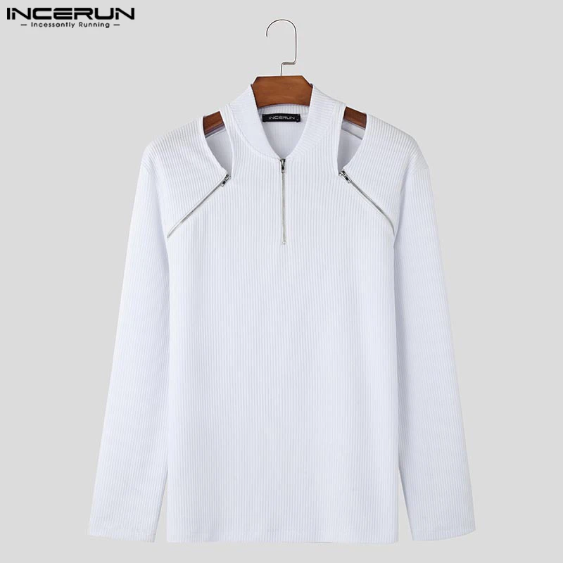 Handsome Well Fitting Tops INCERUN New Men's Knitted Hollow Zipper Design T-shirts Casual Streetwear Solid Long Sleeved Camiseta view 5