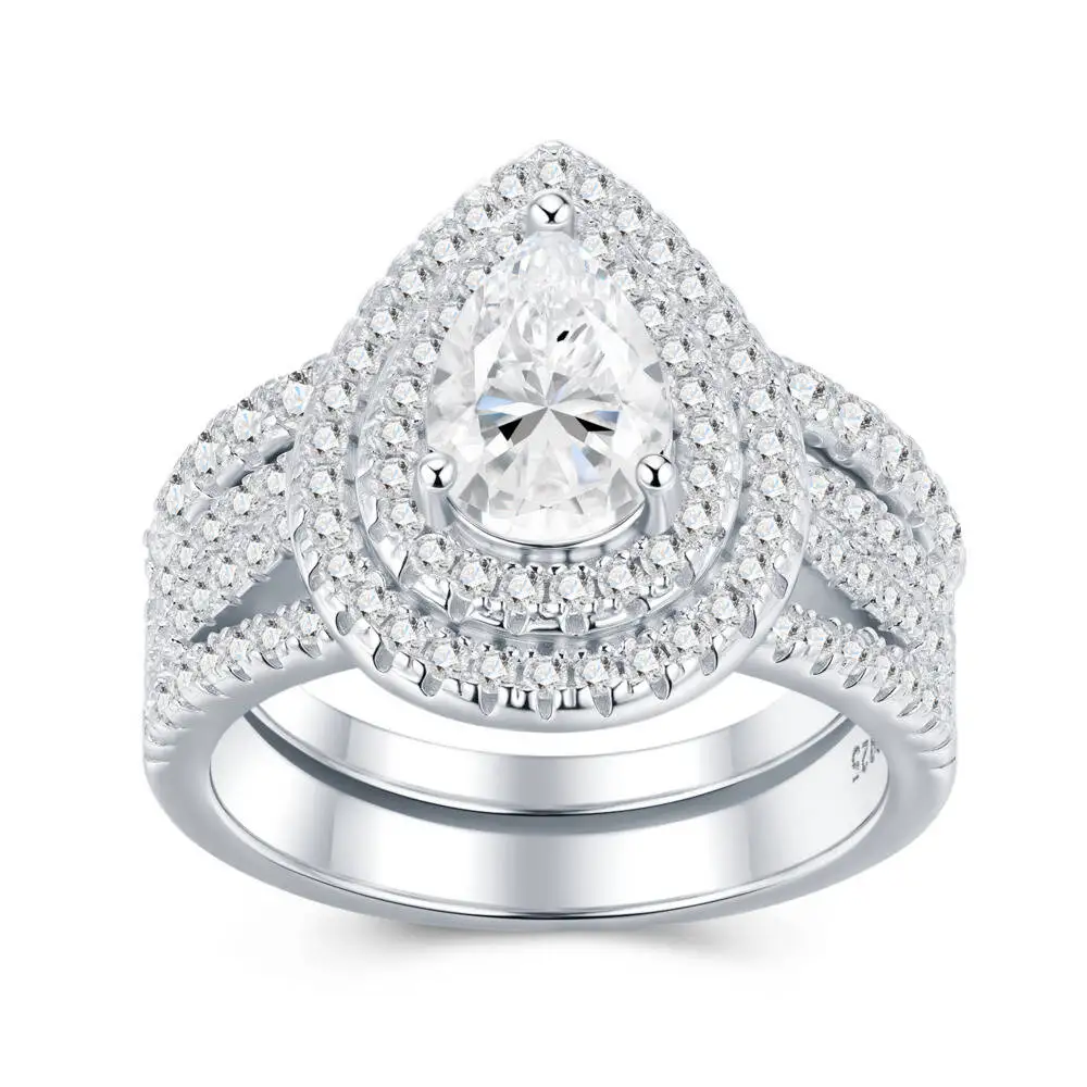 925 Sterling Silver 1.5CT Pear Double Halo Bridal Ring Set D VVS1 Moissanite Multi Tone Wedding Fine Jewelry For Women