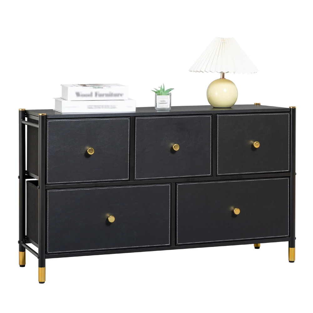 Drawer Dresser cabinet ,all Dresser with 5 PU Leather Front Drawers, Storage Tower with Fabric Bins, Double Dresser