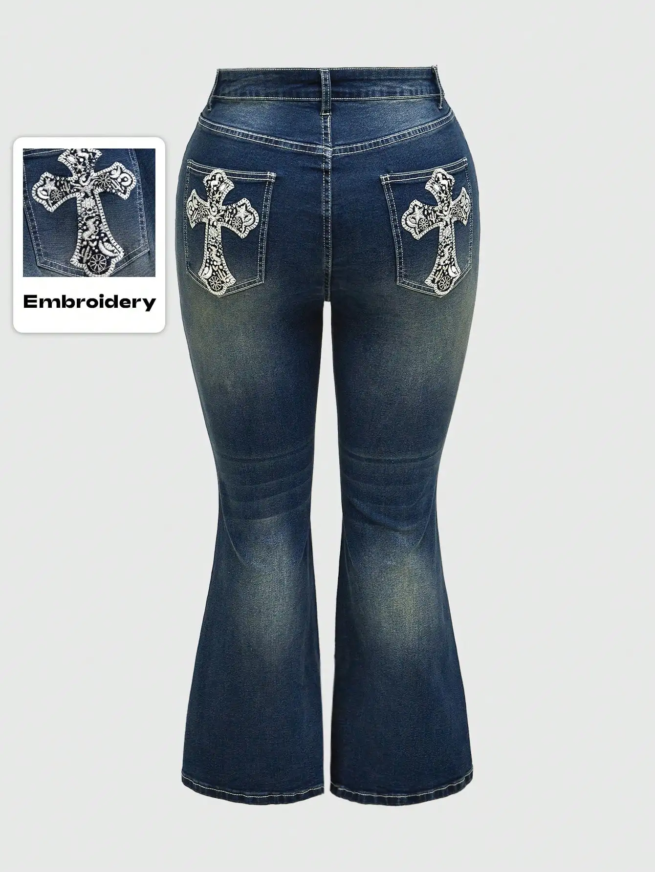 

Джинсы-клеш больших размеров с вышивкой крестиком, повседневные джинсы с высокой талией для женщин
