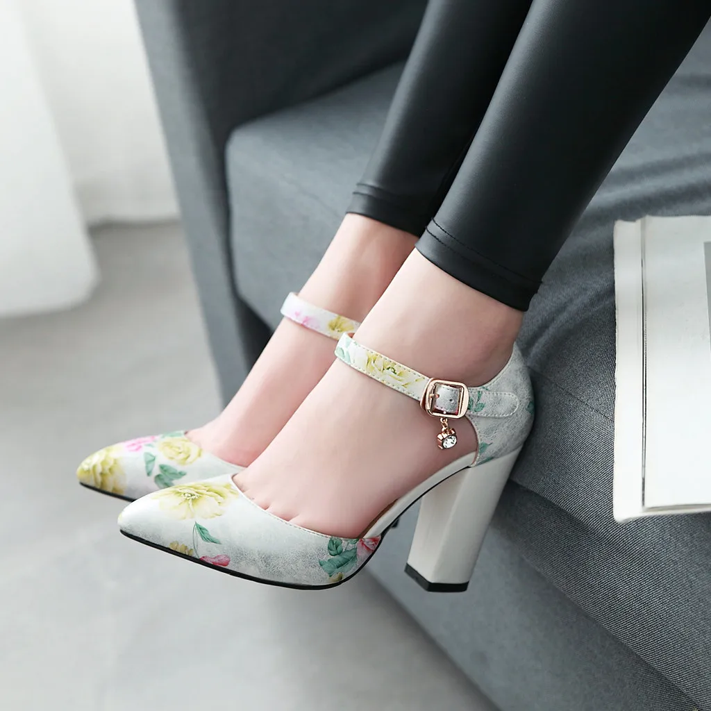 Elegant Printing Women Mary Janes Shoes Pointed Toe Buckle Strap Pu Leather Ladies Party Shoes Super High Heels Shoes for Woman