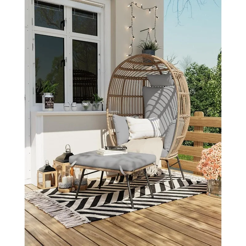 

Egg Chair with Ottoman, Patio Lounge Egg Chair with Footrest, Comfy Hand-Made Rattan Chair with Thick Cusion & Metal Fram
