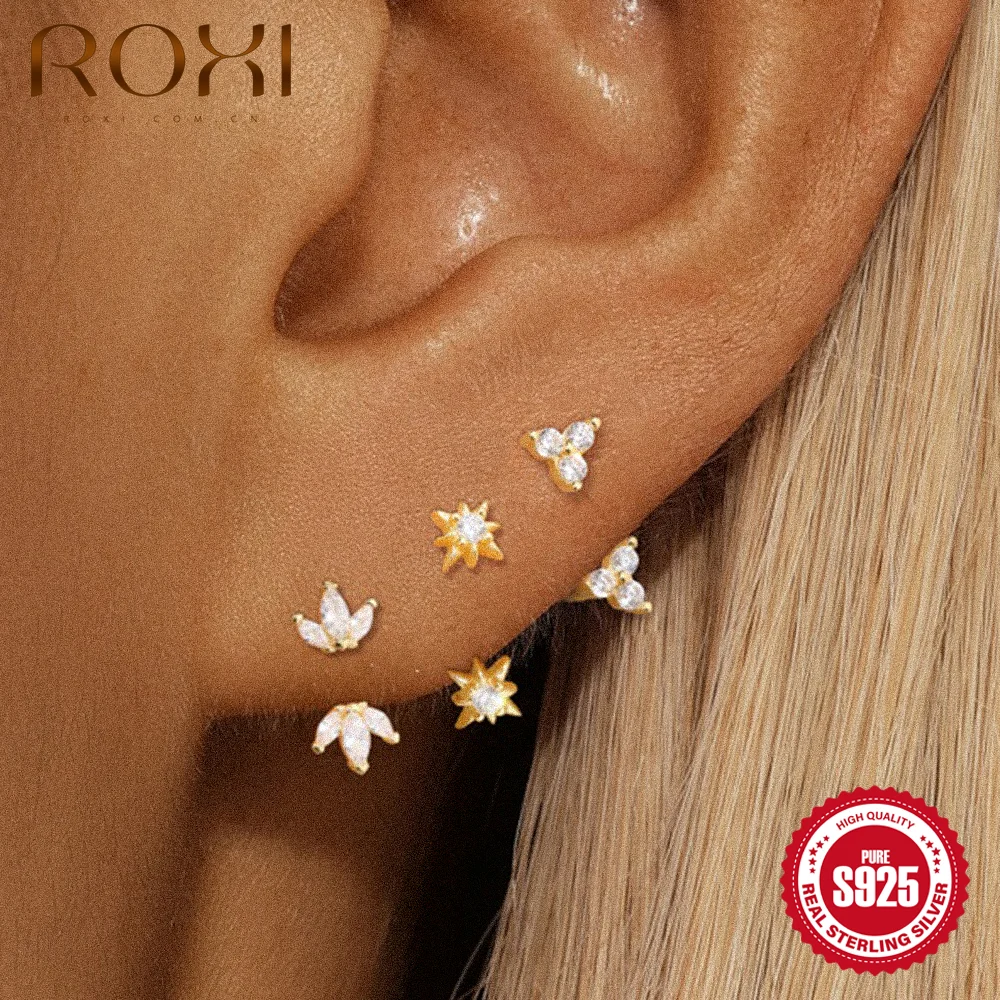 ROXI 1PC Gold S925 Silver Dainty Multi Shape CZ Cartilage Stud Tiny Star Tragus Piercing Aesthetic Earring Daily Occasion Wear