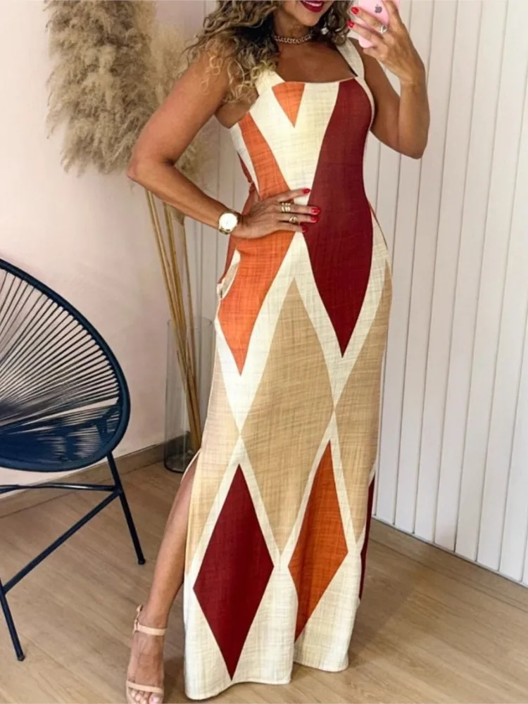 Boho Womens Summer Retro Geometric Print Casual Slim Fit Slit Dress Square Neck Sleeveless Strappy Elegant Commuting Dresses