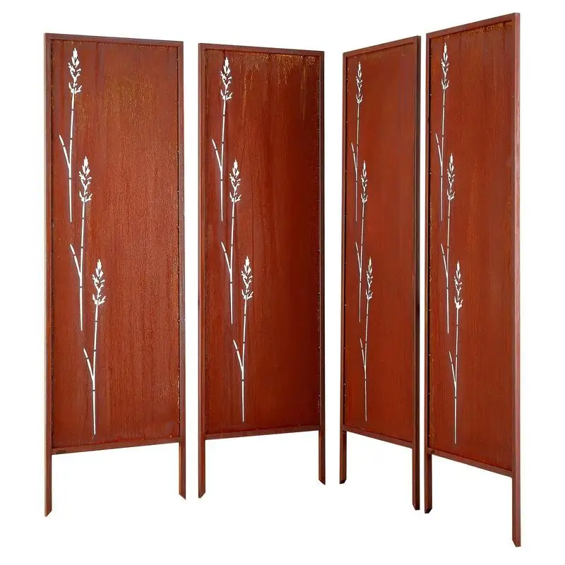 Paravent 50x160 cm, lot de 4, séparateur de pièce, cloison avec piquets et plaque en acier au carbone, écran de protection, cloison décorative pour jardin, terrasse, cour, balcon