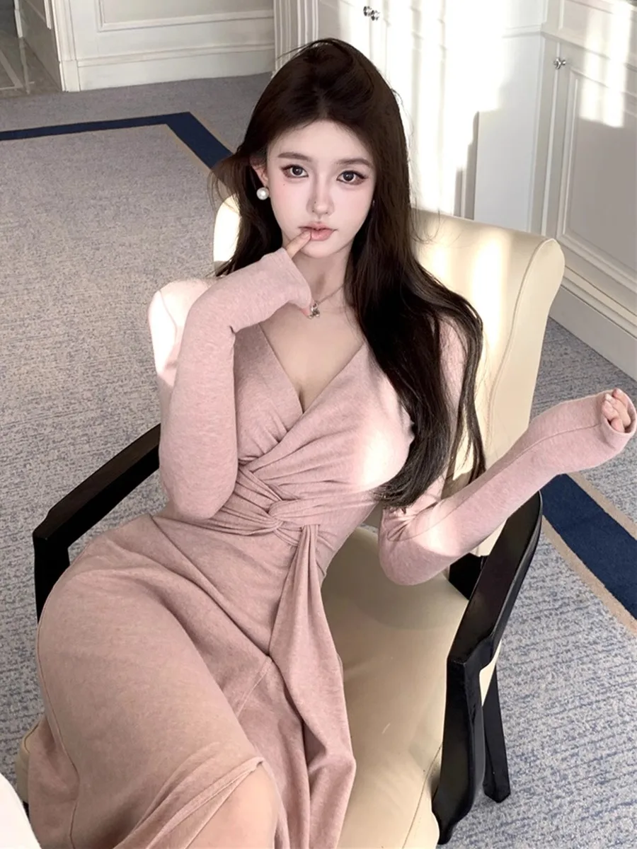 Vestido E Rosa com Decote em V e Mangas Longas para Mulheres, Primavera e Outono, Saia Dividida, Sexy, Cintura Alta, M...