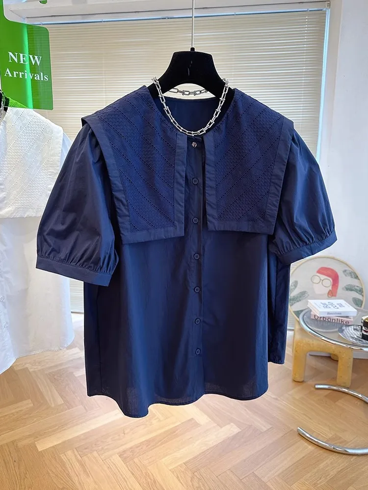 Women Vintage Navy Blue Blouse Loose Off Shoulder O-neck Solid Color Puff Sleeve Loose Tops Shirt