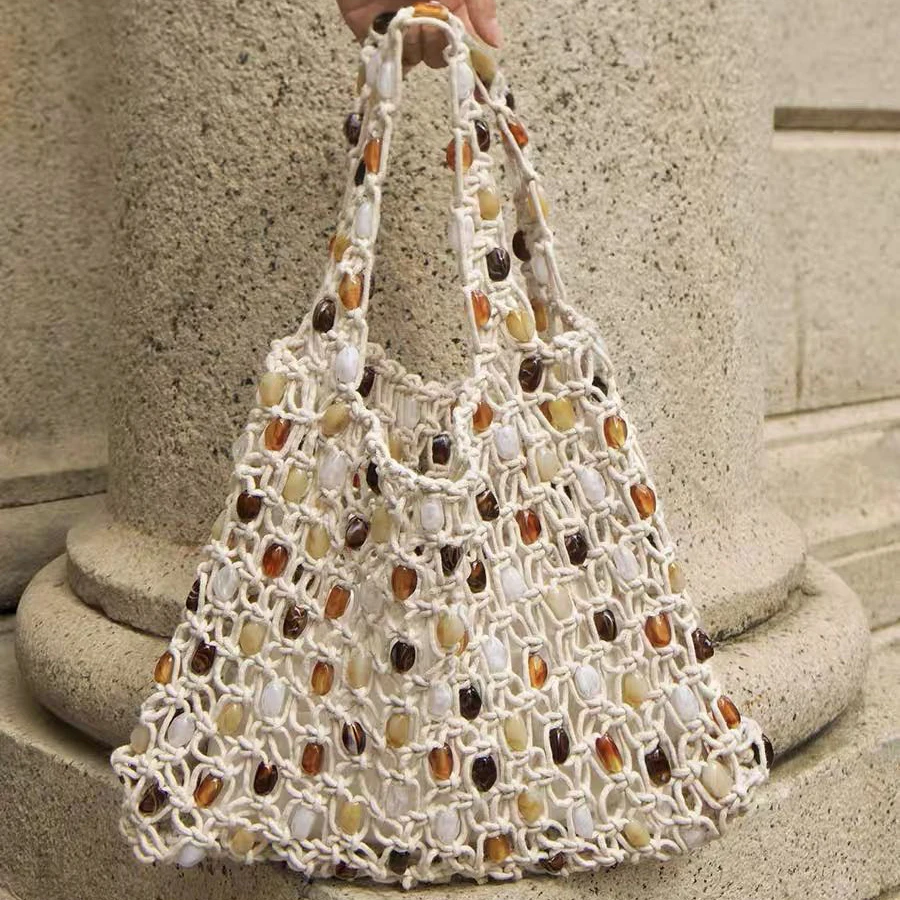 

Fashion Hollow Beading Beach Bag Large Capacity Beaded Fishnet Women Shoulder Bags Handmade Woven Handbags Casual Big Tote Bag