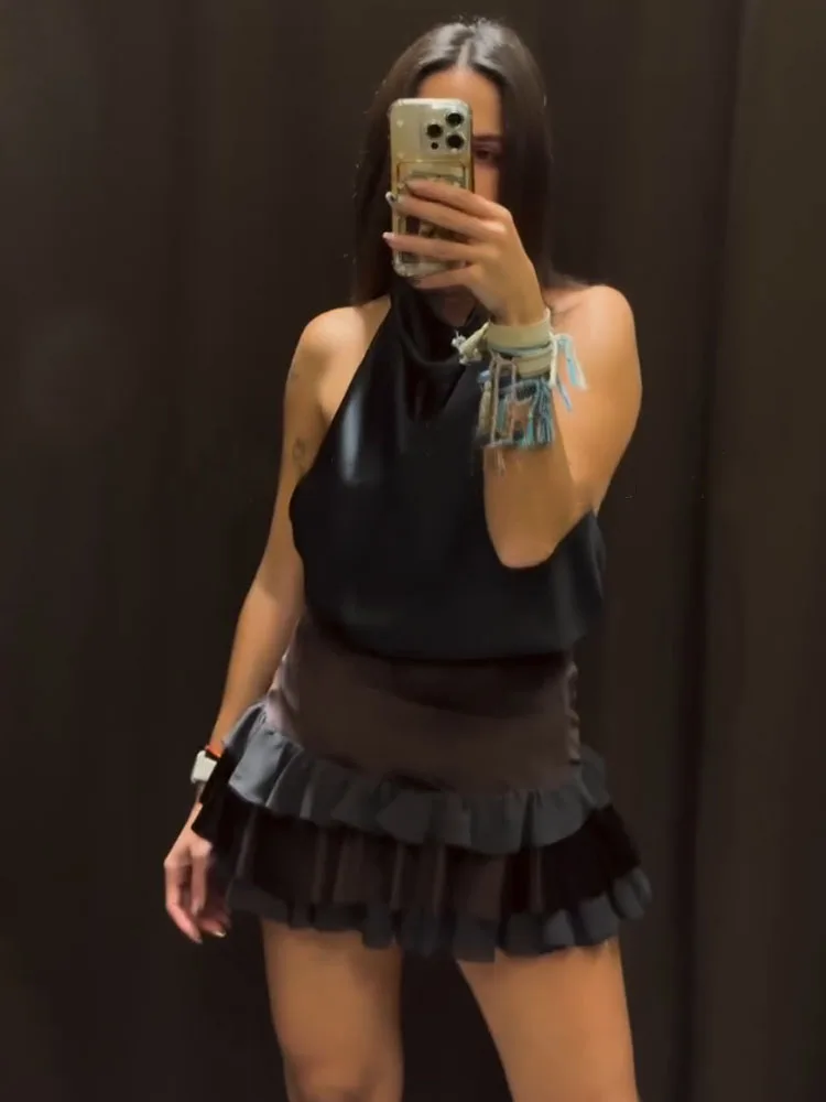 

HH Women Fashion Spliced Layered Decoration Mini Skirt Female Summer Elegant Party Low-Waist Sexy Zipper Slim Street Style Skirt