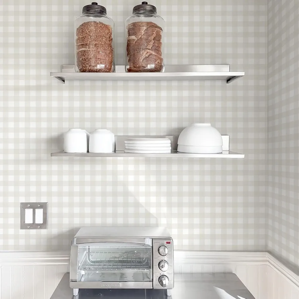 Boho Plaid Pattern Peel and Stick Wallpaper for Cabinets, 17.3in Wide, 591in Long, Neutral Checkered Contact Paper, Sizing Optio
