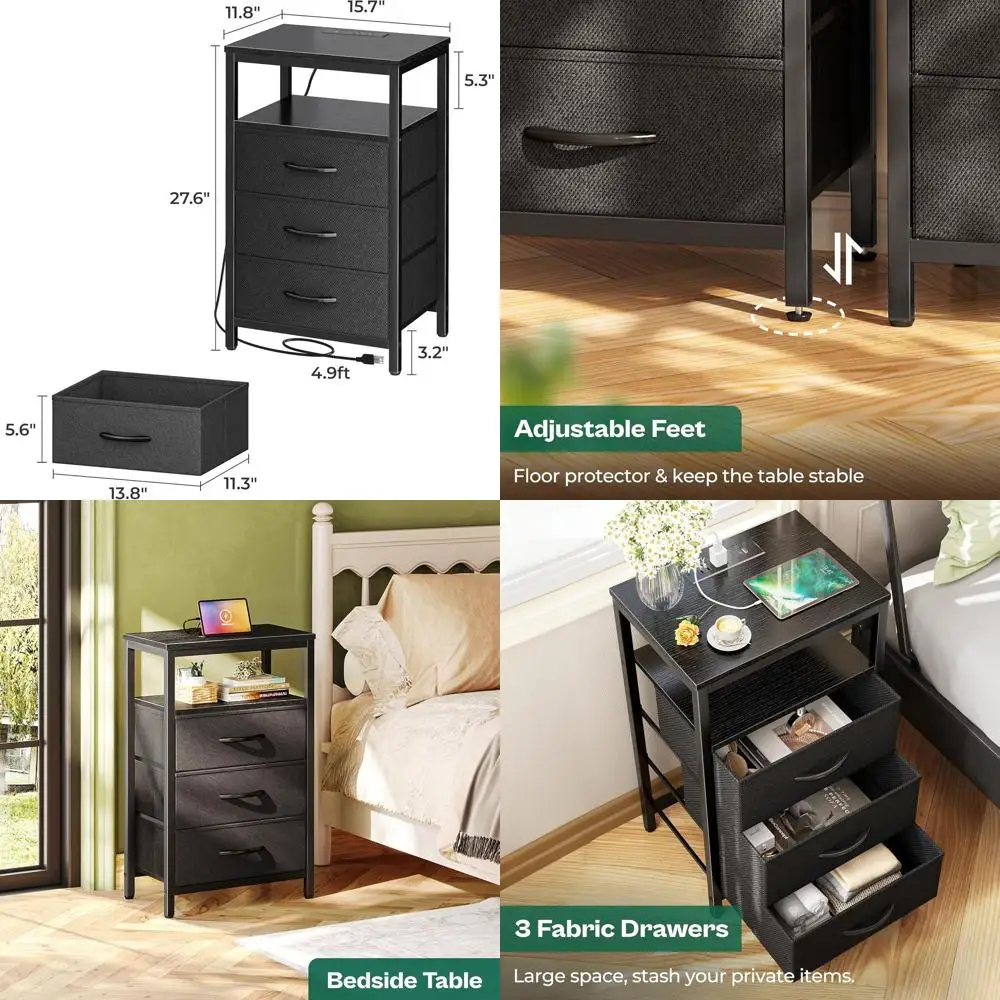 

Pair of 27.6 Charging Nightstands with Fabric Drawers, USB-C & Outlet, Black Bedroom Side Tables