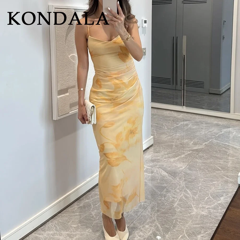 KONDALA 2025 Spring Summer Sexy Mesh Butter Yellow Dress Fashion Streetwear Print Strapless Sleeveless Cami Straight Lady Dress
