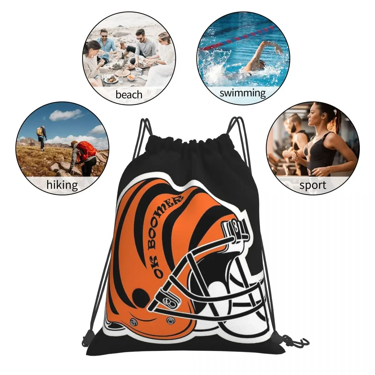 OK BOOMER - Cincinnati Bengals Helmet Backpacks Drawstring Bags Drawstring Bundle Pocket Storage Bag BookBag For Travel Students