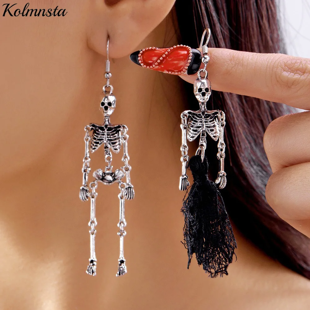 Pendientes de esqueleto de Halloween Kolmnsta para mujer, estilo punk gótico, con flecos de encaje negro, calavera, calabaza, joyería divertida, regalos