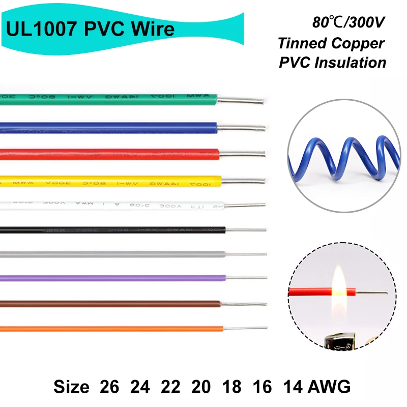 5/10/20m UL1007 Single Core Tinned Copper Cable 300V 14/16/18/20/22/24/26 AWG PVC Insulation Cable Line DIY PCB Electronic Wires