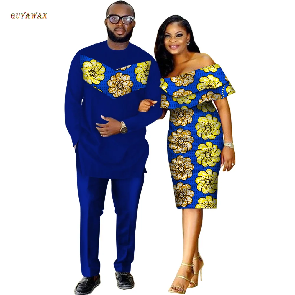 2 Piece Set African Dashiki Print Couple Clothing for Lovers Men Top Pant Set and Women Ruffle Sleeve Bodycon Dress Dashiki 6XL 