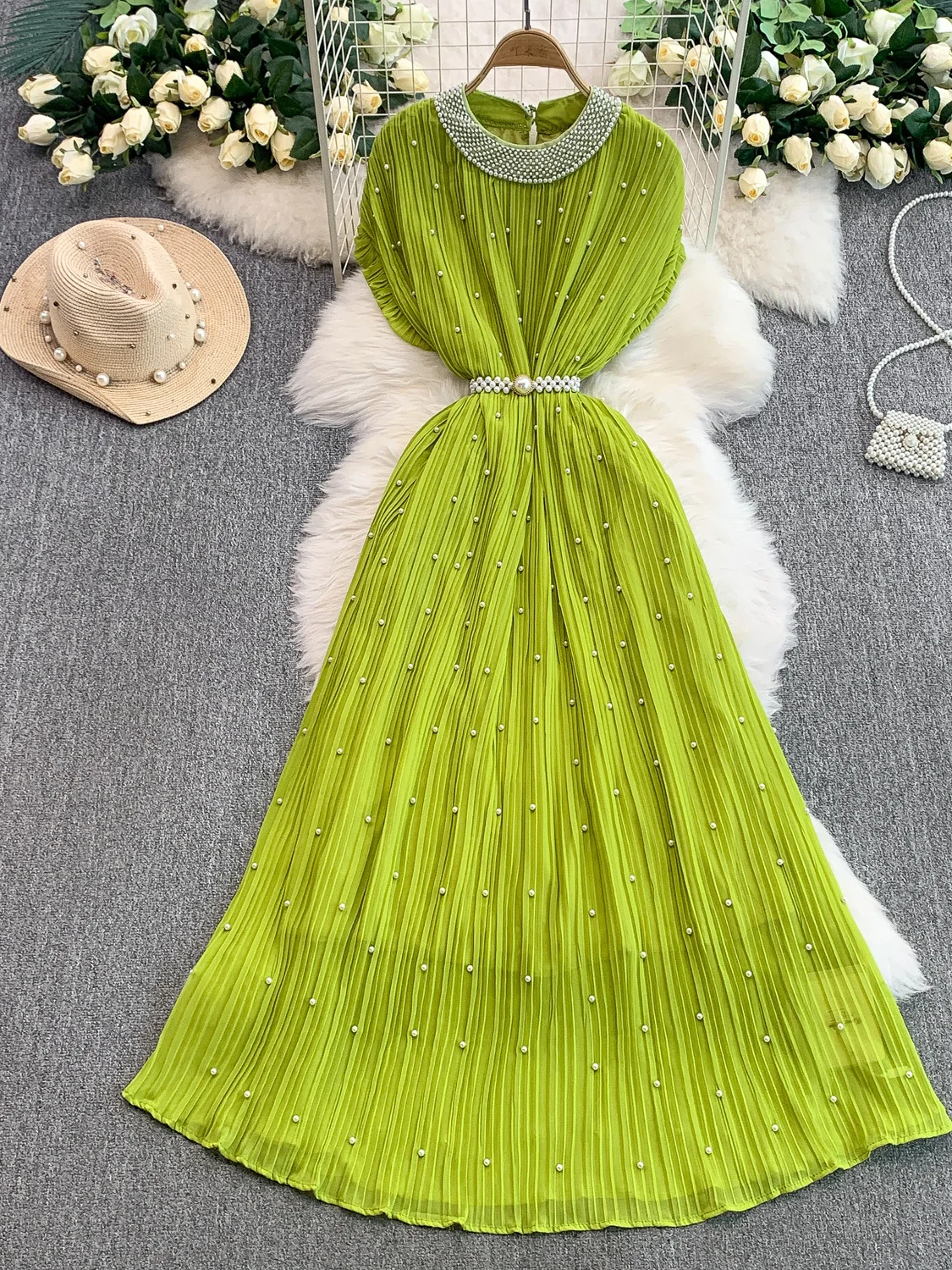

Nail Bead Round Neck Dress for Women Summer Slimming Elegant Pleated Long Dresses
