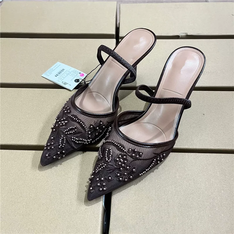 Summer New High Heels Embroidered Lace Mesh Beaded Fine Heel Sandals Banquet Dress Large Size Rear Strap Low Heel Women's Shoes