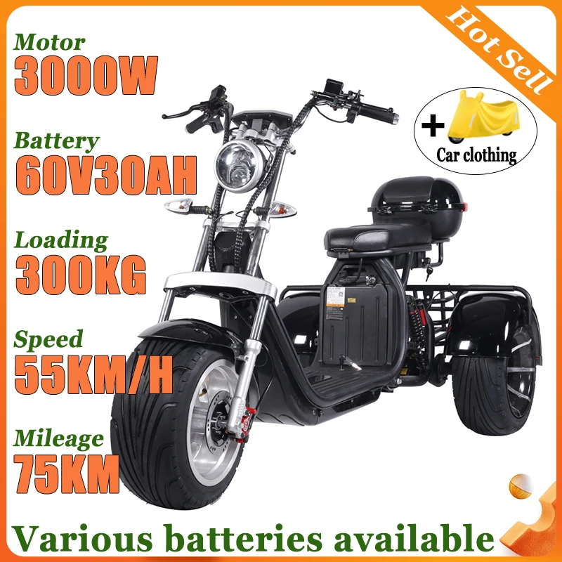 

Adult Electric Tricycle 3Wheel Electric Scooter 3000W60V30AH Max Load 300KG 12Inch Fat Tire Off-road Electric Motorcycle 55KM/H