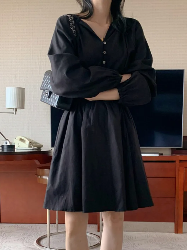 Chic Vintage Button up V-Ne Lose Elastische Taille Blase Sve Dr Damen Faion Frühling Herbst Winter Casual Street Sle