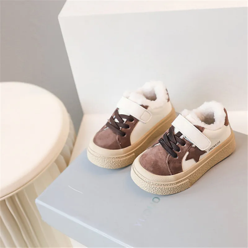 Autumn/Winter Children Casual Shoes Leather Warm Fur Boys Shoes Soft Sole Non-slip Outdoor Tennis Fashion Toddler Girls Sneakers